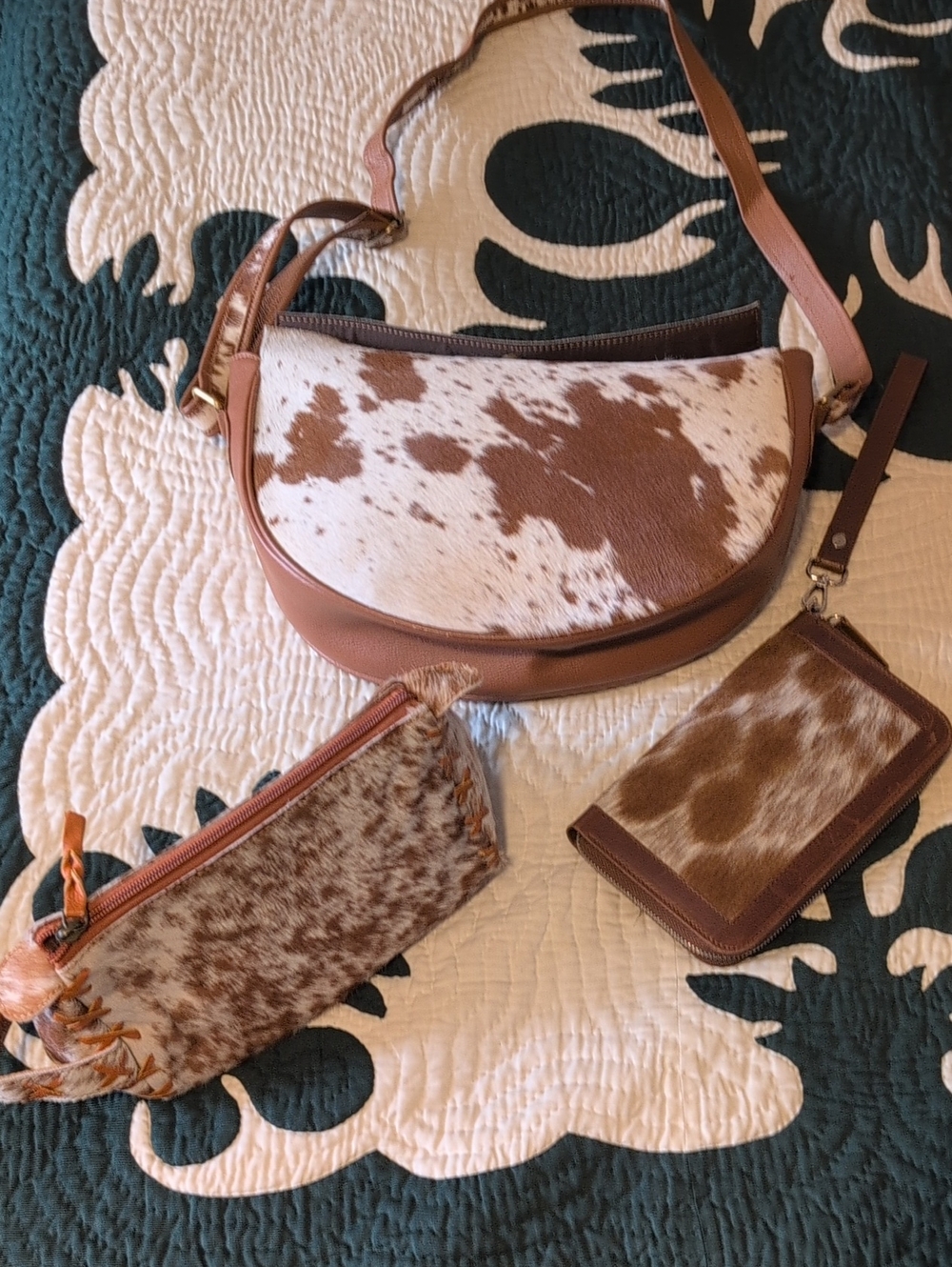 Cowhide Crescent Crossbody Bag in Brown and White 3 Pcs Set Bundle